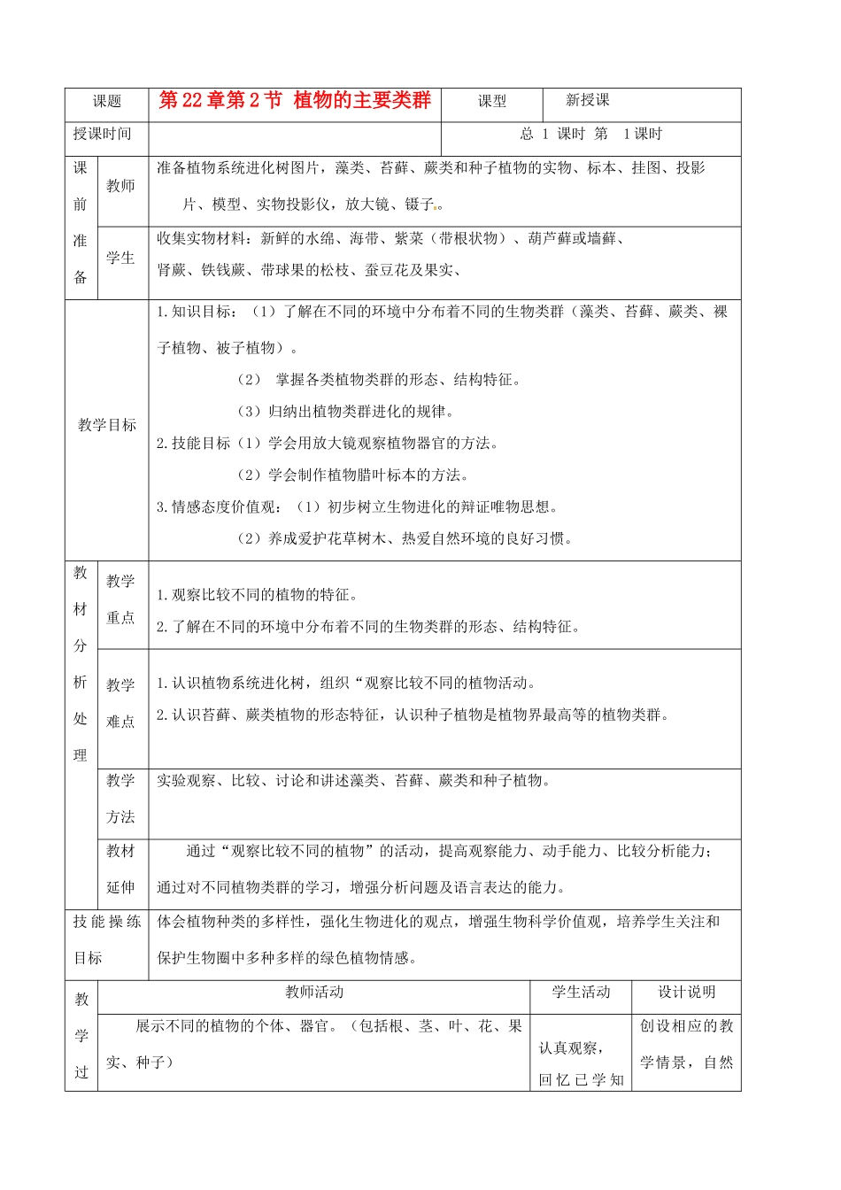 2013年春八年级生物下册《第二十二章 第二节 植物的主要类群》教案1 北师大版_第1页