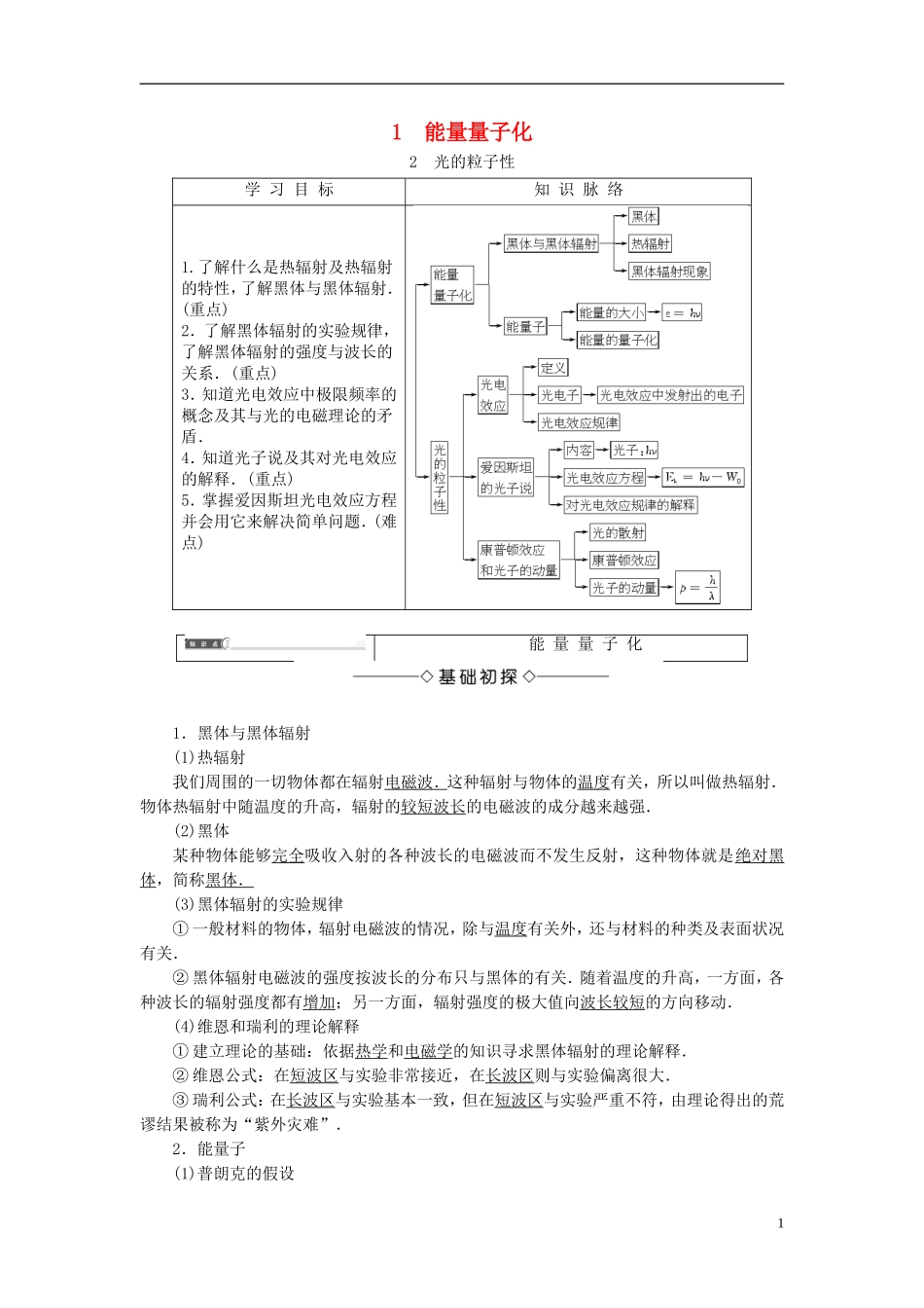 高中物理 第十七章 波粒二象性 1 能量量子化 2 光的粒子性学案 新人教版选修3-5-新人教版高二选修3-5物理学案_第1页
