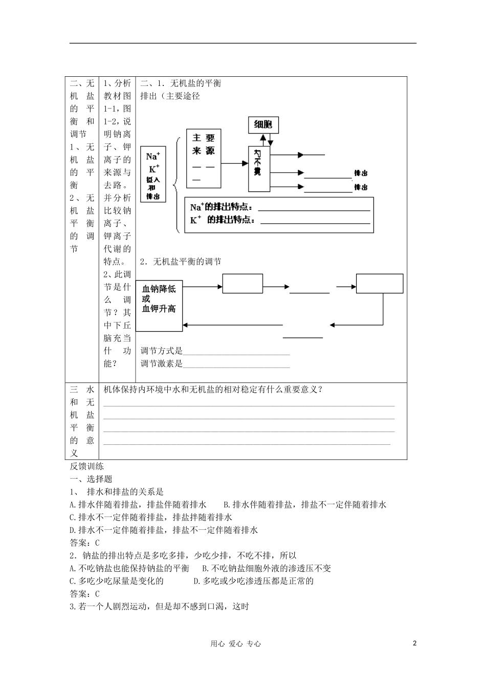高中生物 第一章第一节 水和无机盐的平衡和调节学案 新人教版选修_第2页