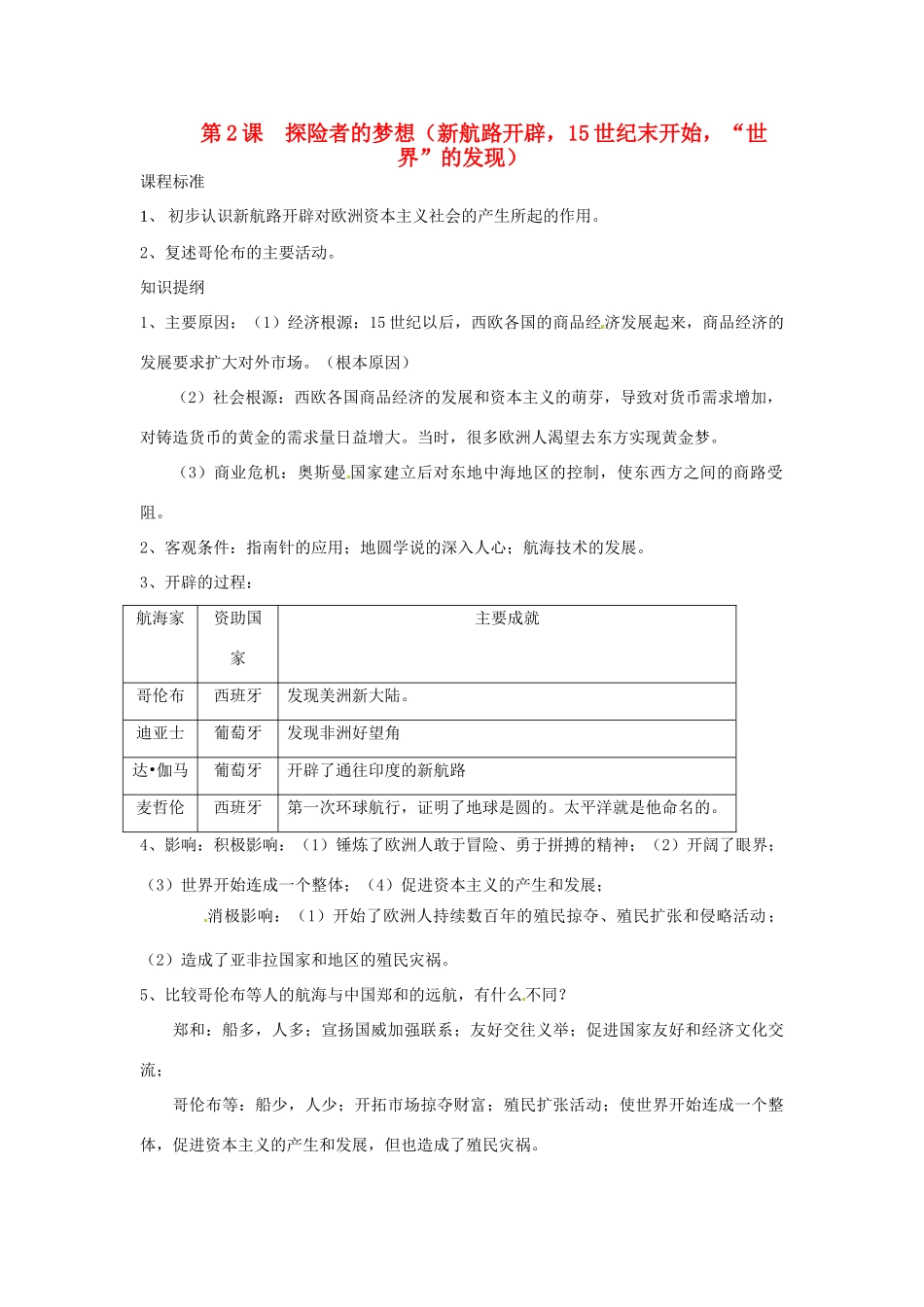 江苏省连云港市田家炳中学九年级历史《第2课探险者的梦想》学案 人教新课标版_第1页