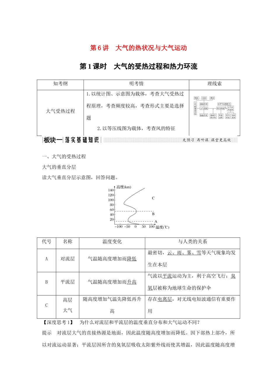 高考地理一轮复习 第二单元 自然环境中的物质运动和能量交换 第6讲 大气的热状况与大气运动 第1课时学案 中图版-中图版高三全册地理学案_第1页