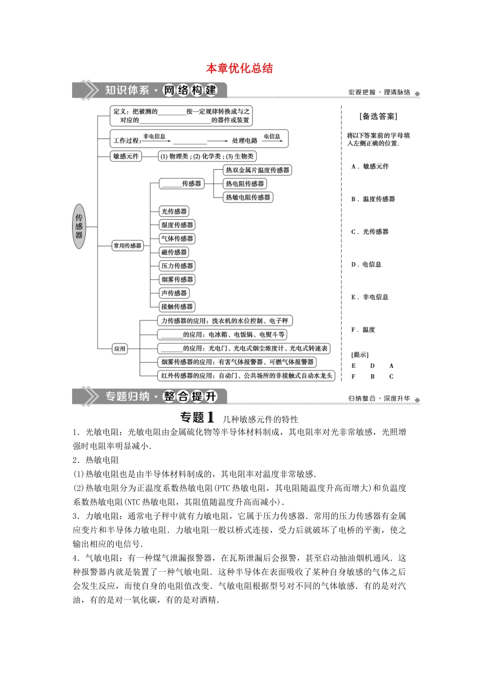 高中物理 第三章 传感器本章优化总结学案 教科版选修3-2-教科版高二选修3-2物理学案_第1页