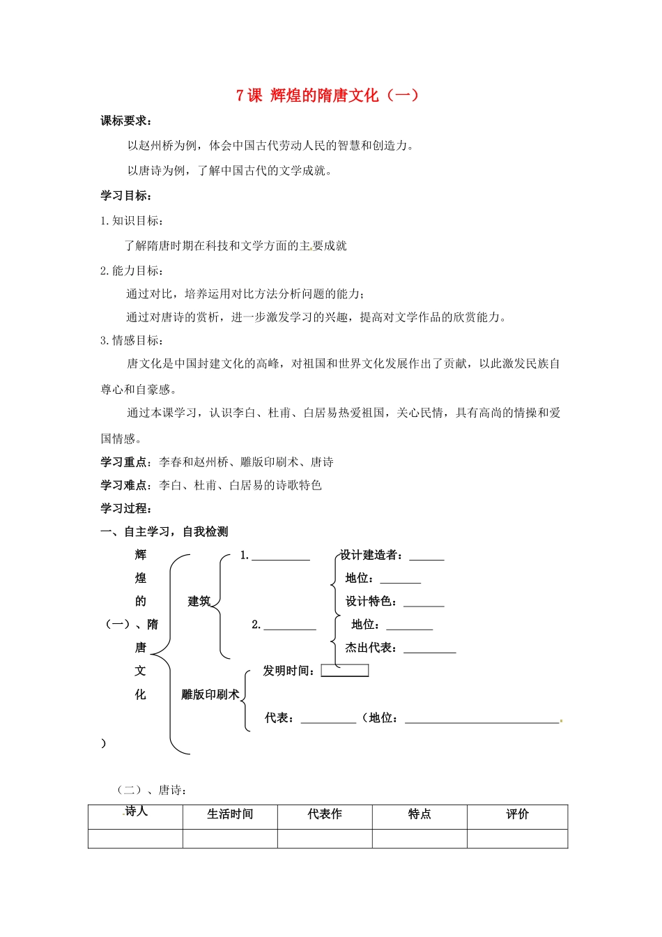 七年级历史下册《第一单元 第7课 辉煌的隋唐文化（一）》学案 新人教版-新人教版初中七年级下册历史学案_第1页