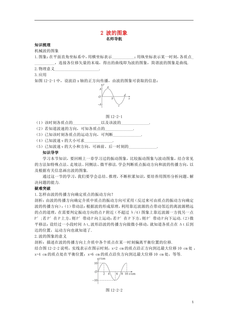 高中物理 第十二章 机械波 2 波的图象名师导航学案 新人教版选修3-4-新人教版高二选修3-4物理学案_第1页