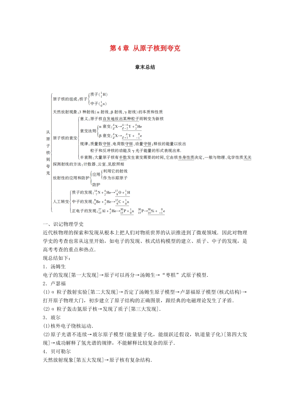 高中物理 第4章 从原子核到夸克章末总结学案 沪科版选修3-5-沪科版高二选修3-5物理学案_第1页