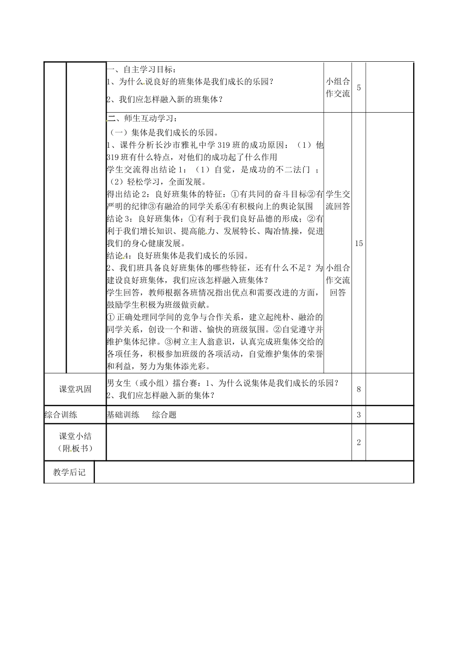 山东省滨州市邹平实验中学七年级政治上册《新集体新面貌》学案 人教新课标版_第2页