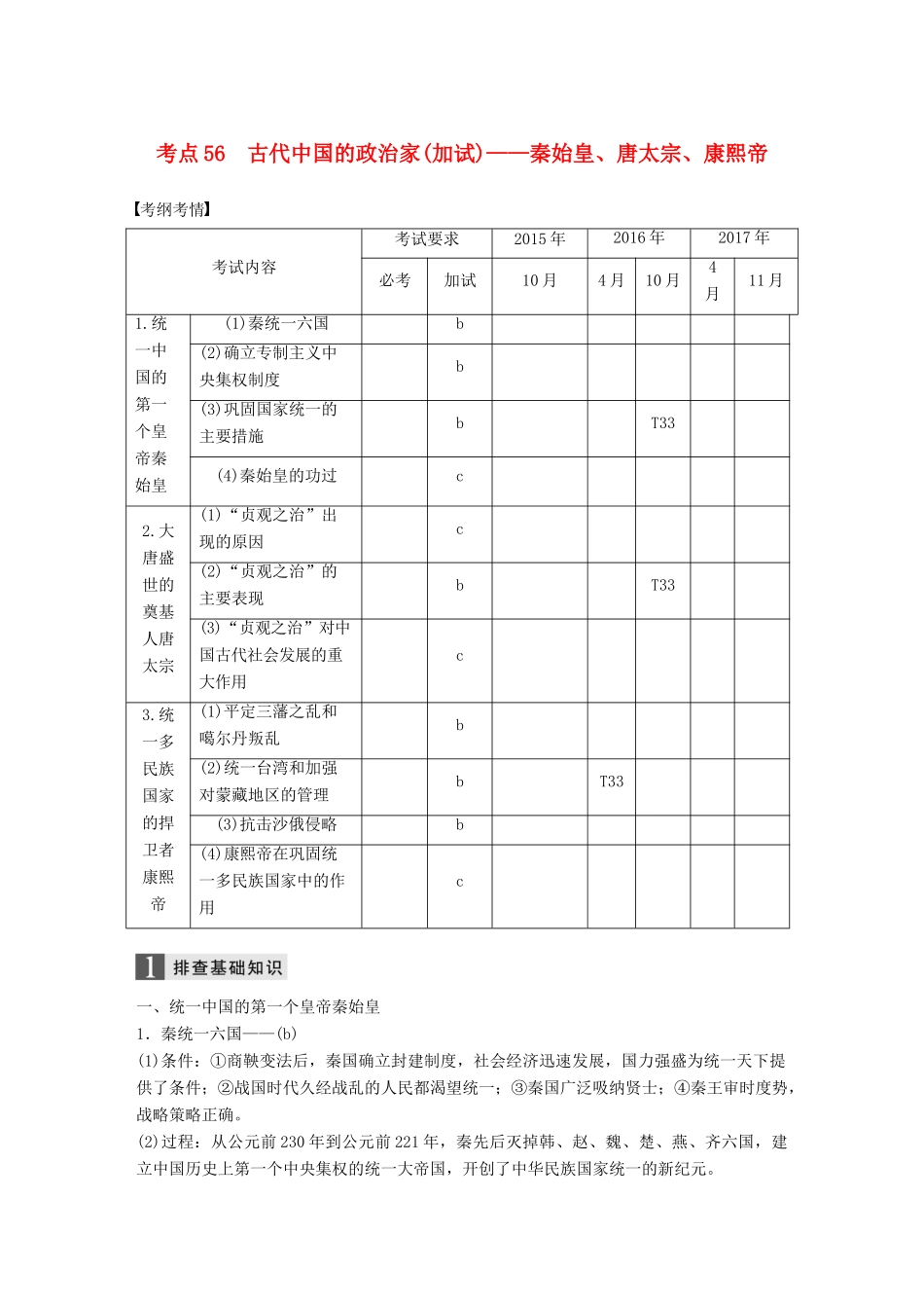 （浙江选考）高考历史一轮总复习 专题二十一 中外历史人物评说 考点56 古代中国的政治家（加试）——秦始皇、唐太宗、康熙帝学案-人教版高三全册历史学案_第1页