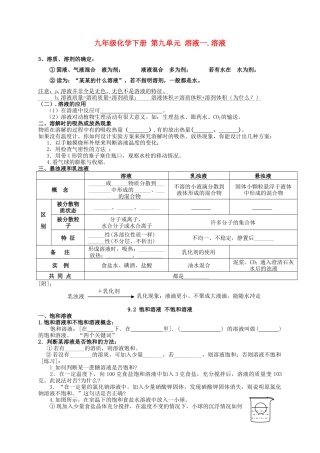 湖北省武汉市鲁巷中学九年级化学下册 第九单元 溶液复习学案 新人教版