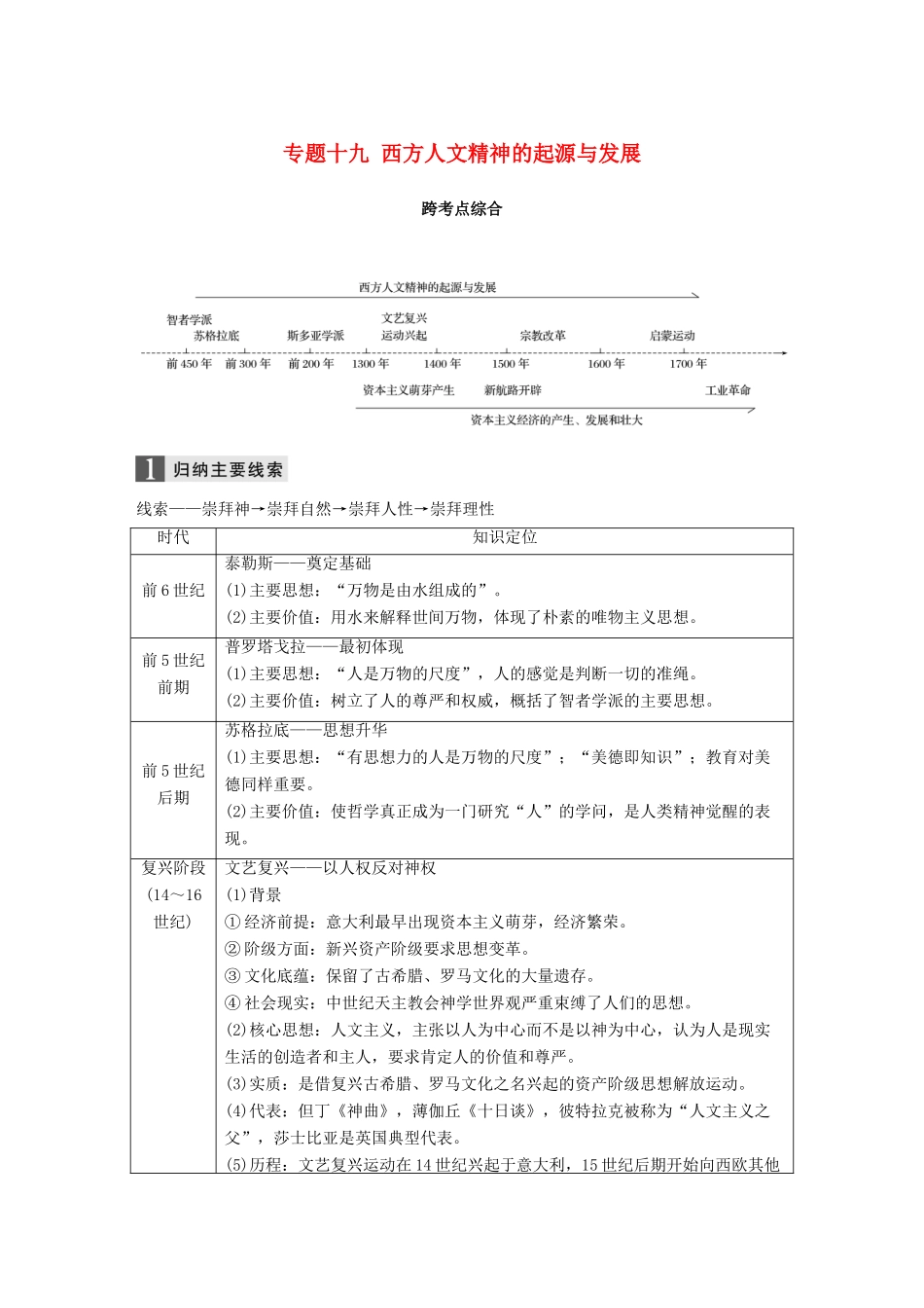（浙江选考）高考历史一轮总复习 专题十九 西方人文精神的起源与发展跨考点综合学案-人教版高三全册历史学案_第1页