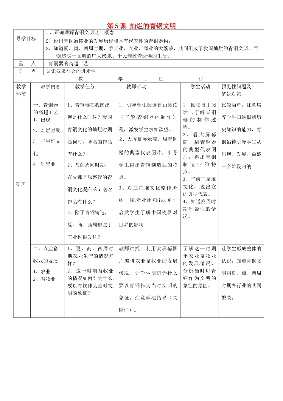 吉林省通化市外国语中学七年级历史上册 第5课 灿烂的青铜文明导学案 新人教版_第1页
