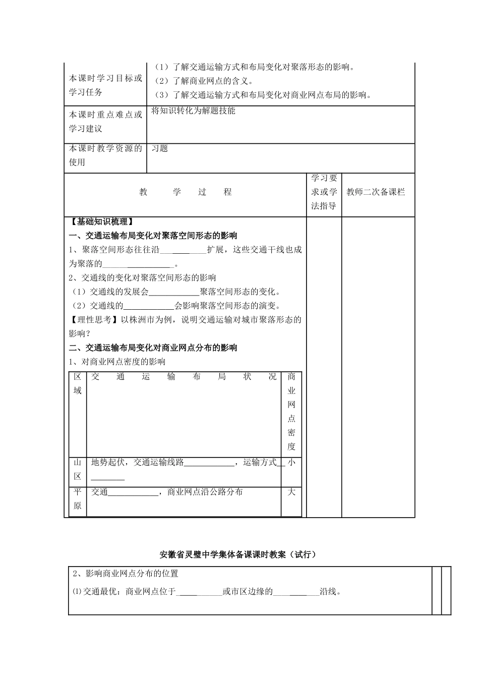 安徽省灵璧中学高一地理 交通运输布局变化的影响导学案_第1页