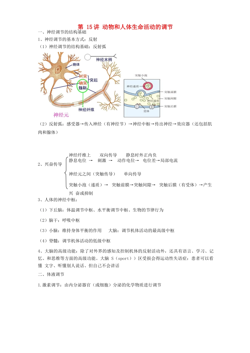 高中生物学业水平测试复习 第15讲 动物和人体生命活动的调节学案-人教版高二全册生物学案_第1页