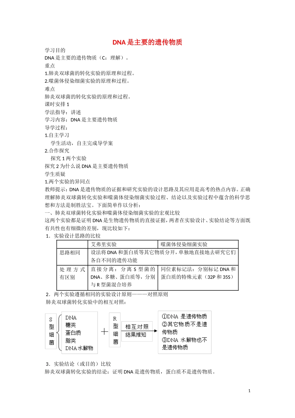 高中生物 第三章第一节 DNA是主要的遗传物质导学案 新人教版必修2_第1页
