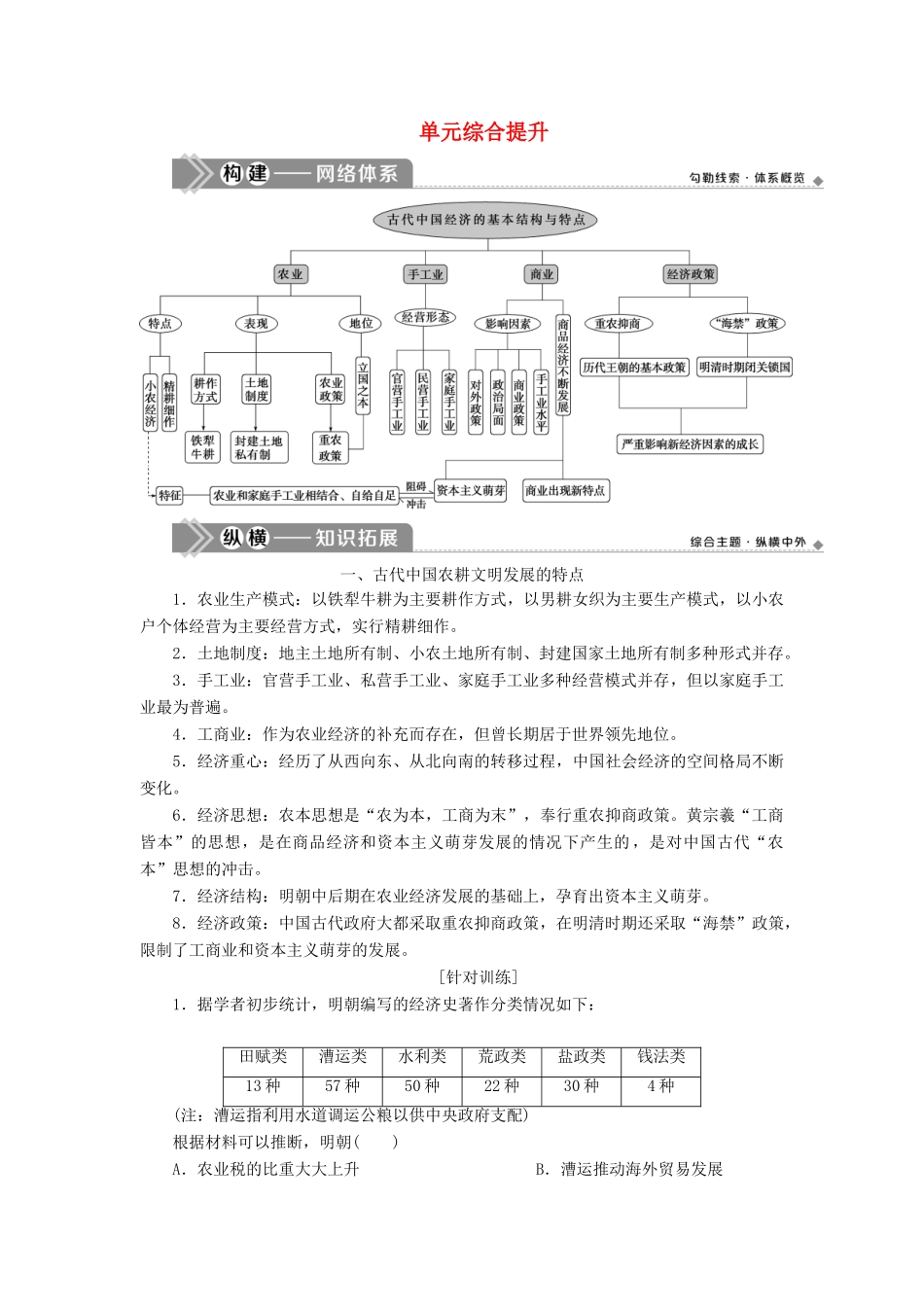 （选考）新高考历史一轮复习 第六单元 古代中国经济的基本结构与特点单元综合提升学案 新人教版-新人教版高三全册历史学案_第1页