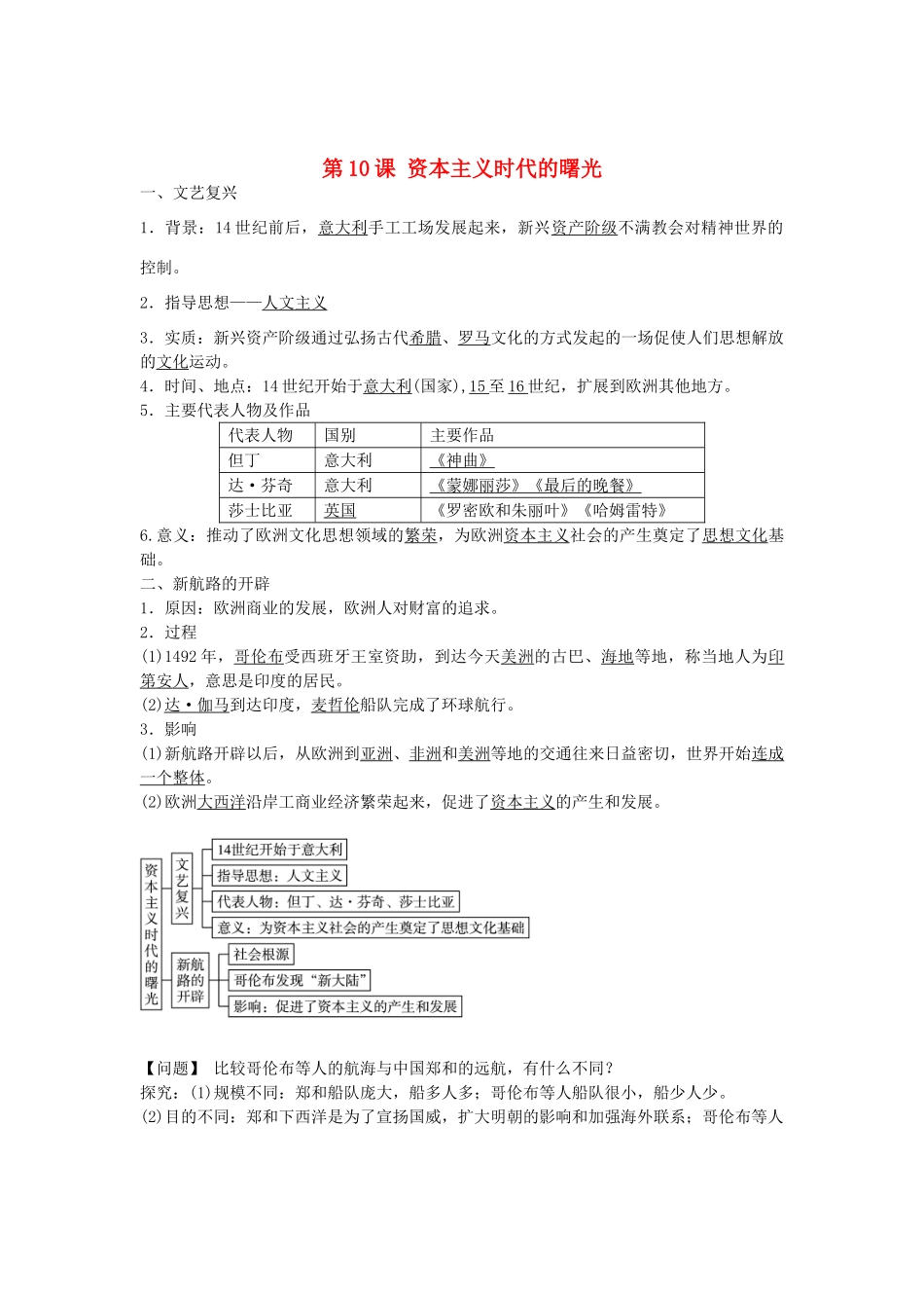 九年级历史上册 第10课 资本主义时代的曙光导学案 新人教版-新人教版初中九年级上册历史学案_第1页