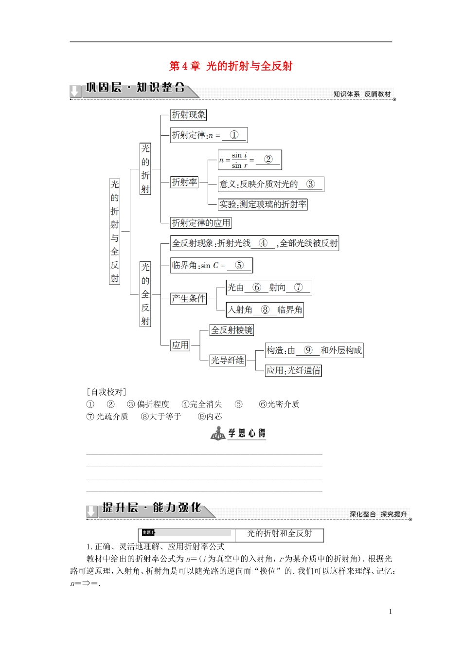 高中物理 第4章 光的折射与全反射章末分层突破教师用书 鲁科版选修3-4-鲁科版高中选修3-4物理学案_第1页