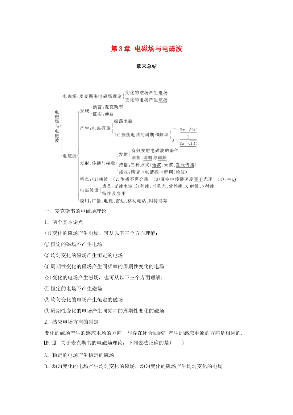 高中物理 第3章 电磁场与电磁波章末总结学案 沪科版选修3-4-沪科版高二选修3-4物理学案_第1页