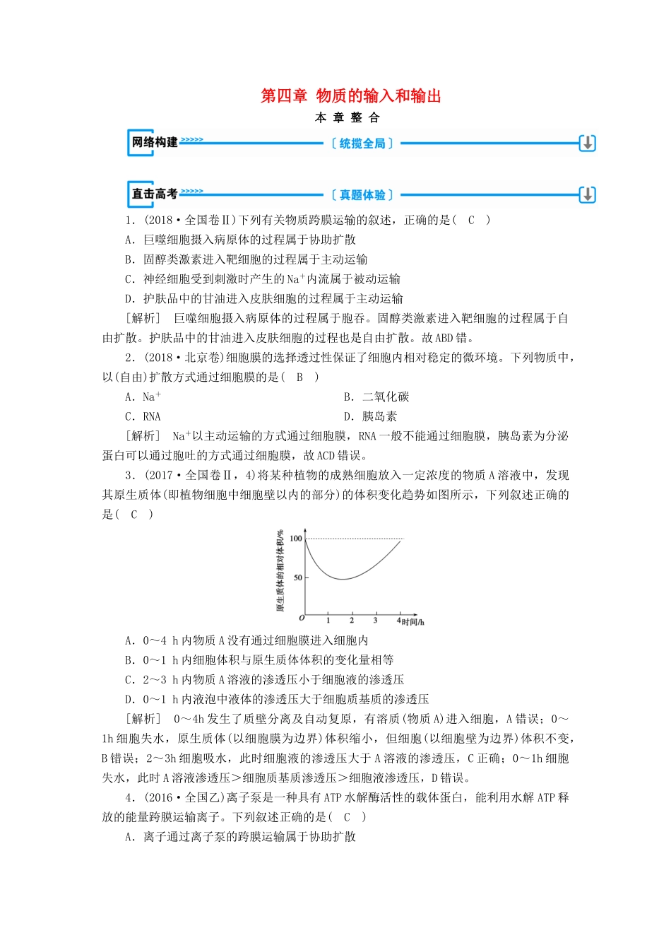 高中生物 第四章 物质的输入和输出本章整合学案 新人教版必修1-新人教版高一必修1生物学案_第1页
