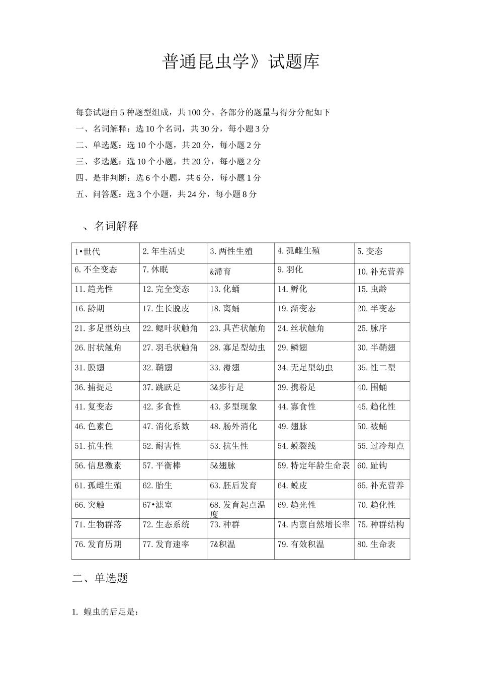 (完整版)普通昆虫学试题库_第1页