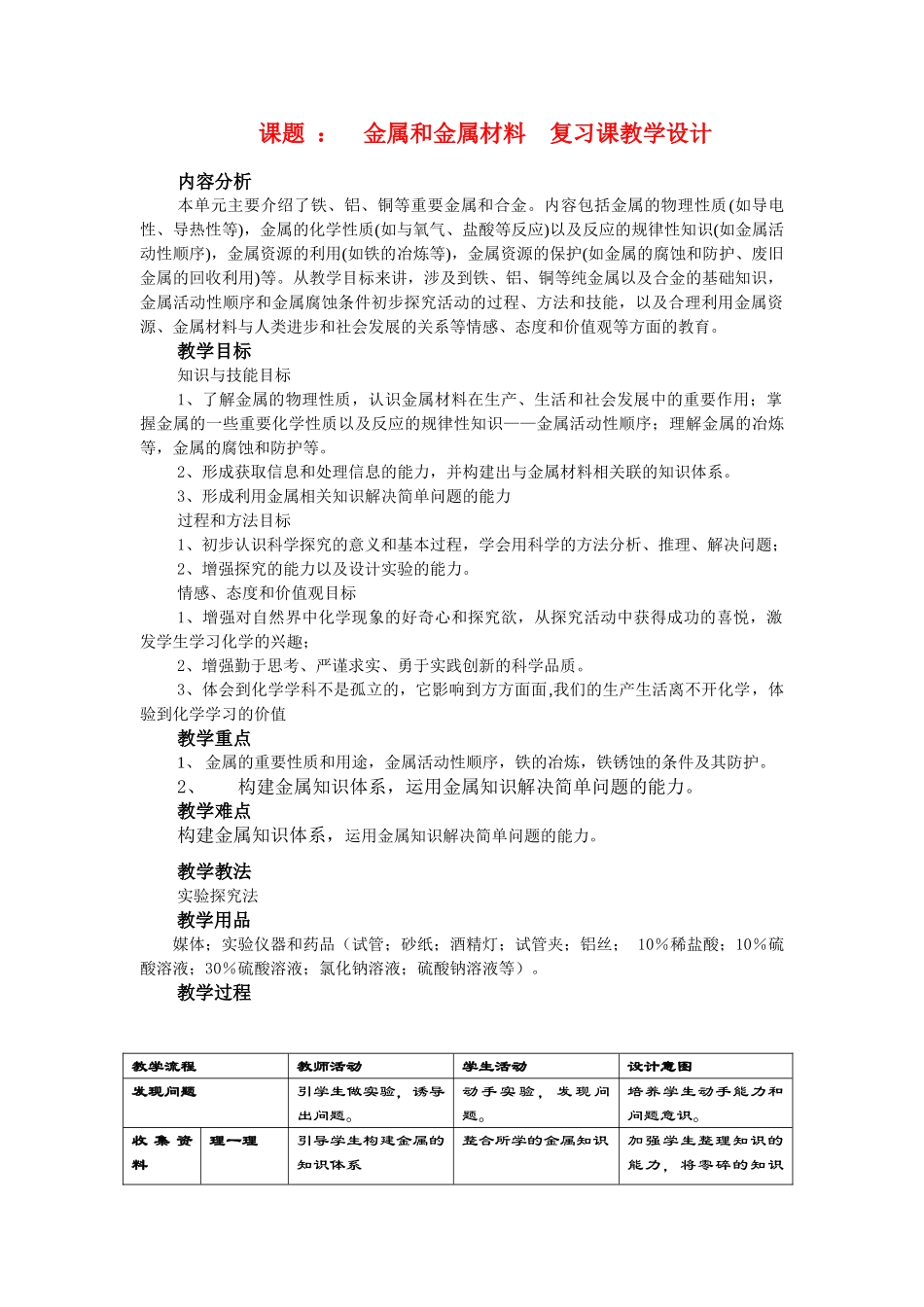 安徽省安庆市2010九年级化学中考金属和金属材料复习课教学设计1全国通用_第1页