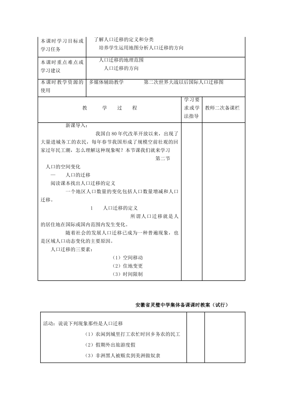 安徽省灵璧中学高一地理 人口的空间变化导学案2_第1页
