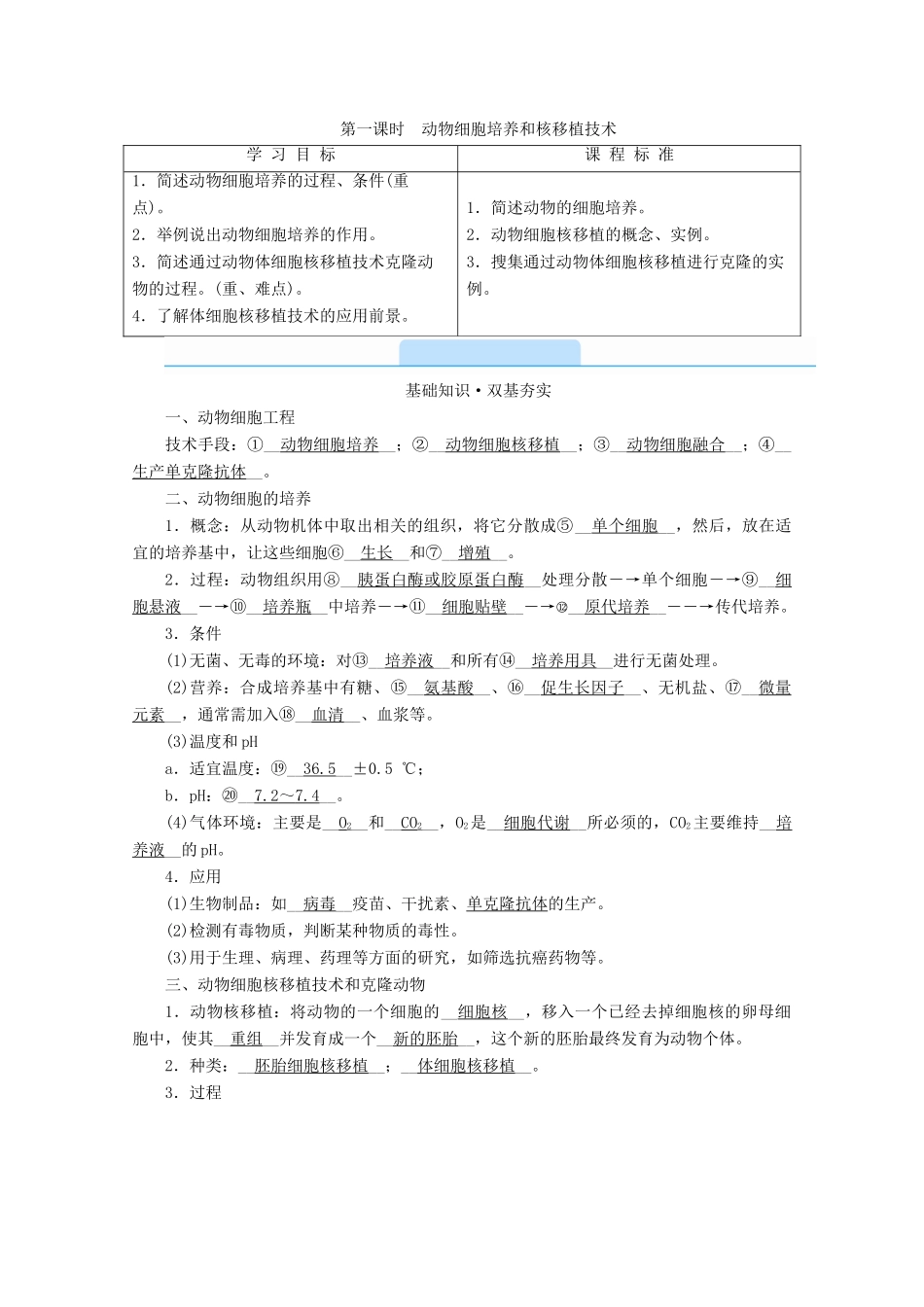 高中生物 专题二 细胞工程 第二节 第一课时 动物细胞培养和核移植技术学案 新人教版选修3-新人教版高中选修3生物学案_第1页