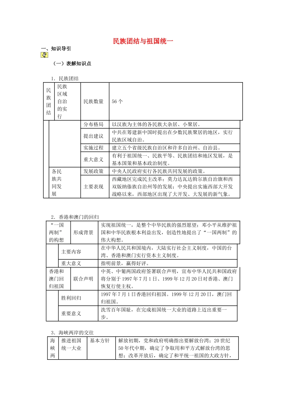 山东省泰安市岱岳区徂徕镇第一中学中考历史单元复习 民族团结与祖国统一学案_第1页
