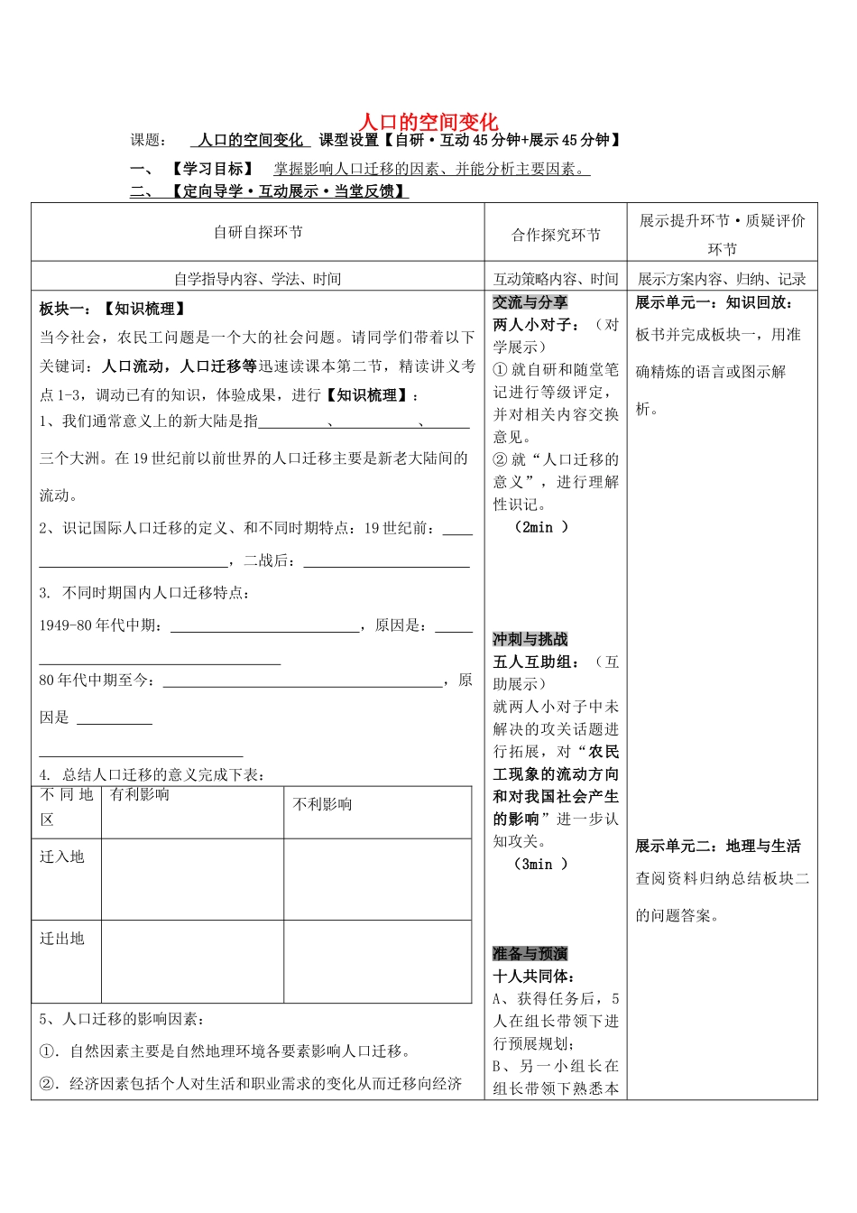 安徽省铜陵市铜都双语学校高三地理 人口的空间变化复习学案_第1页