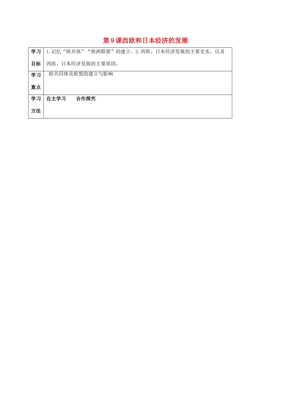 四川省宜宾县九年级历史下册 第三单元 第9课 西欧和日本经济的发展学案 新人教版-新人教版初中九年级下册历史学案_第1页