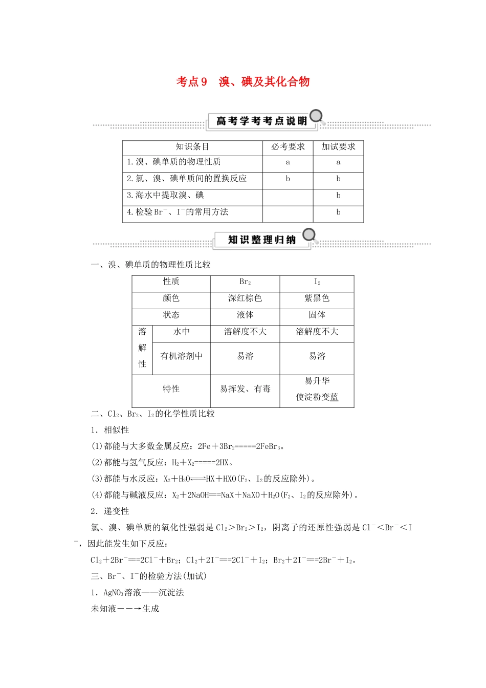 （浙江选考）高考化学大一轮复习 第3讲 元素化学 考点9 溴、碘及其化合物学案-人教版高三全册化学学案_第1页