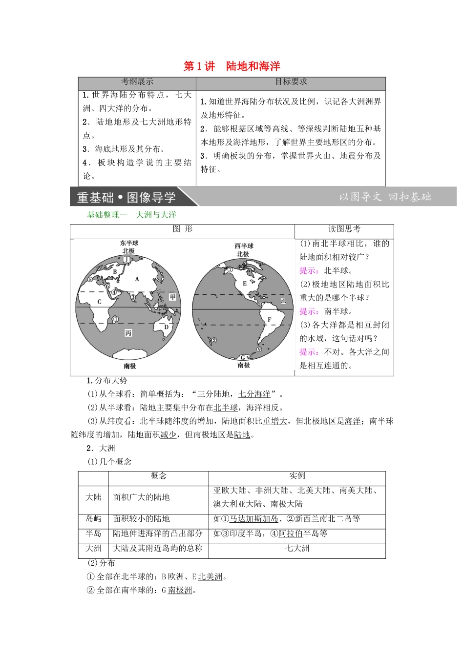 高考地理大一轮复习 第3部分 世界地理 第1章 世界地理概况 第1讲 陆地和海洋学案-人教版高三全册地理学案_第1页