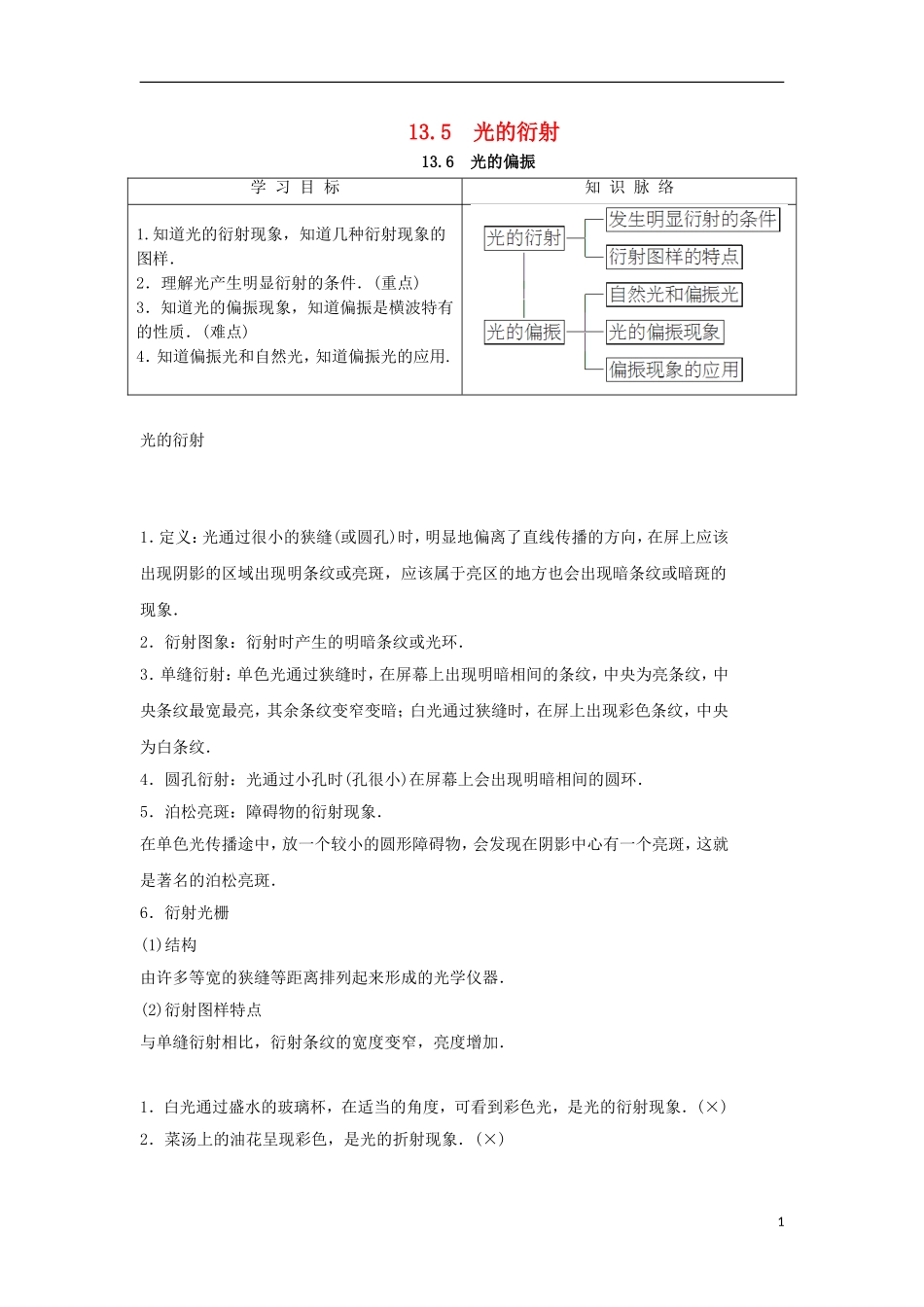 高中物理 第十三章 光 第5节 光的衍射 第6节 光的偏振学案 新人教版选修3-4-新人教版高二选修3-4物理学案_第1页
