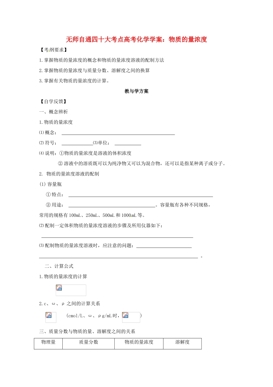【无师自通】高考化学 物质的量浓度四十大考点学案_第1页