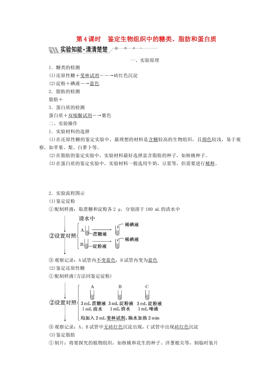 高中生物 第二章 细胞的化学组成 第二节 细胞中的生物大分子 第4课时 鉴定生物组织中的糖类、脂肪和蛋白质学案 苏教版必修1-苏教版高一必修1生物学案_第1页