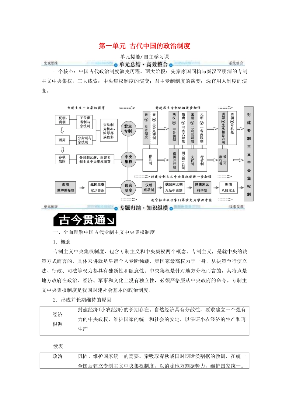 （赢在微点）高考历史总复习 第一单元 古代中国的政治制度单元提能导学案（含解析）新人教版-新人教版高三全册历史学案_第1页