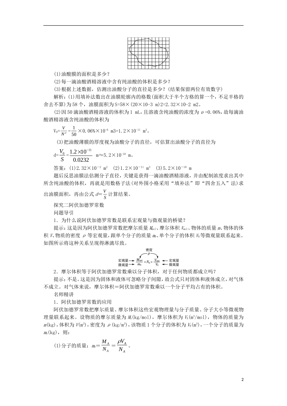 高中物理 第七章 分子动理论 第一节 物体是由大量分子组成的课堂探究学案 新人教版选修3-3-新人教版高二选修3-3物理学案_第2页