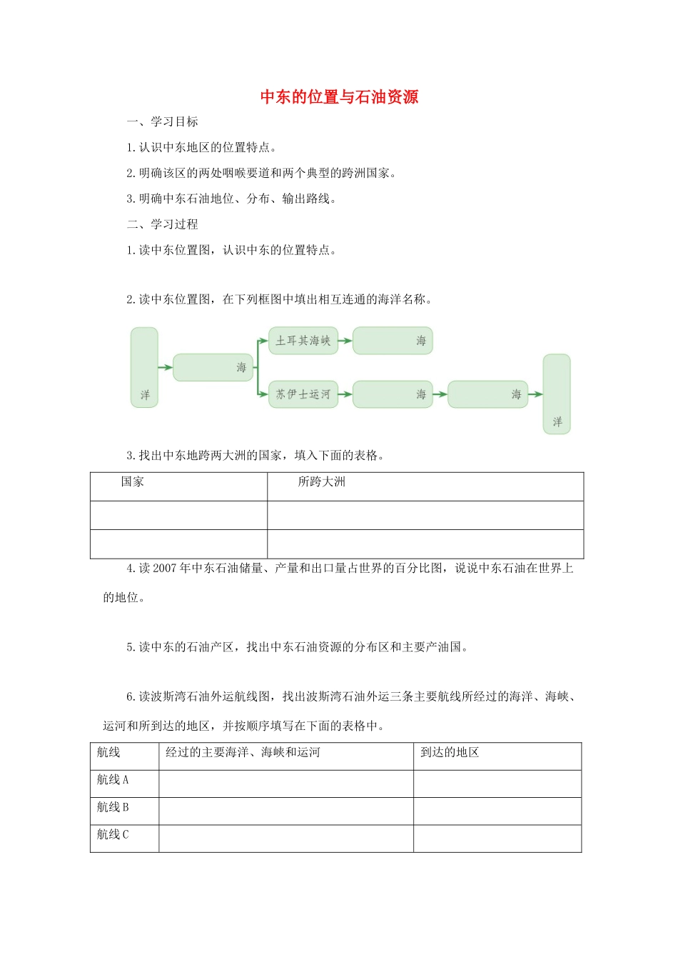 中考地理一轮复习 中东的位置与石油资源导学案-人教版初中九年级全册地理学案_第1页