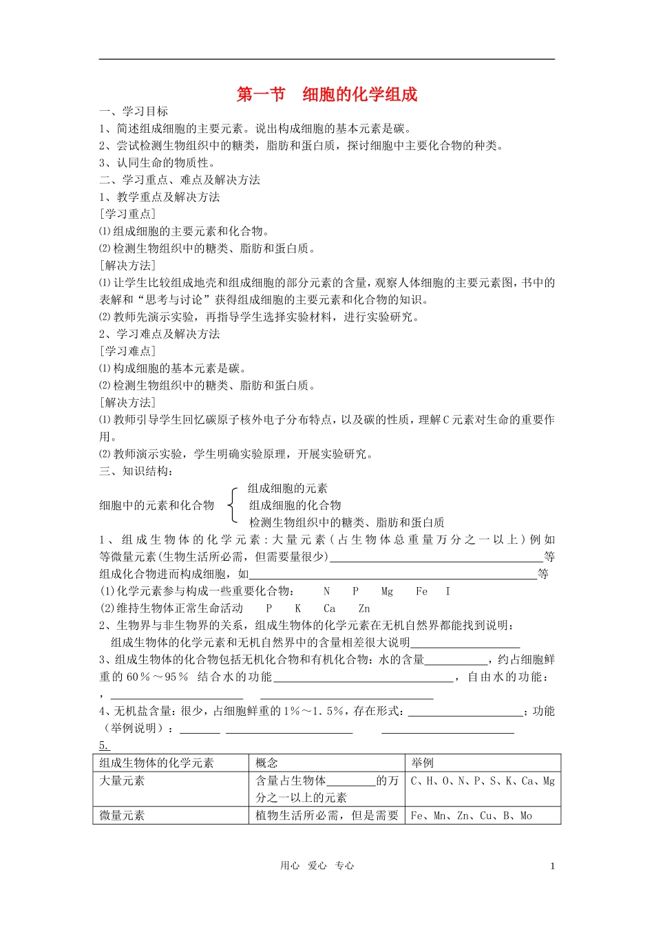 高中生物《细胞的化学组成》学案1 中图版必修1_第1页