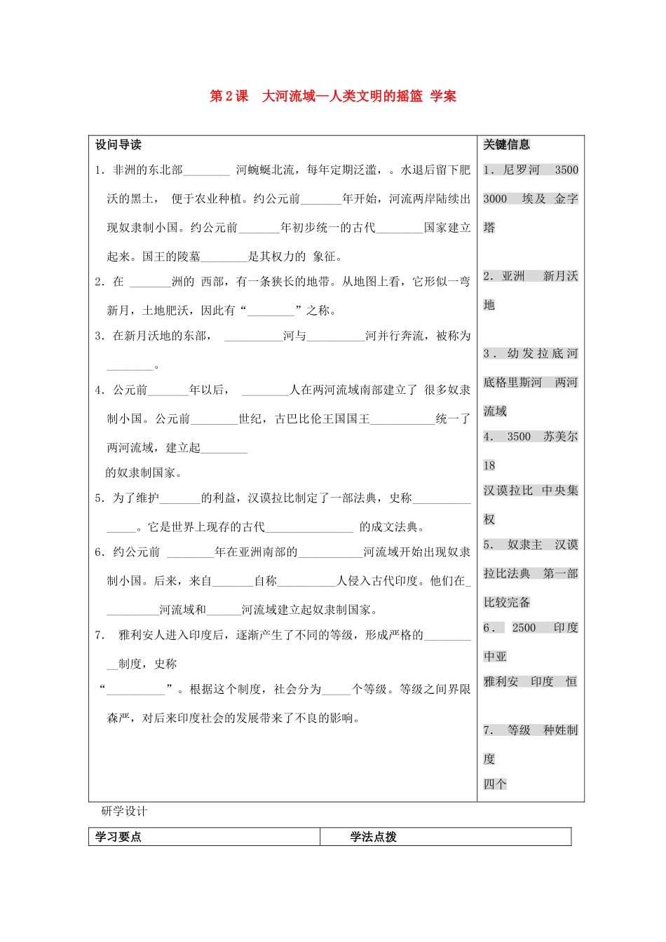 九年级历史上册 第2课  大河流域—人类文明的摇篮 学案 人教新课标版_第1页