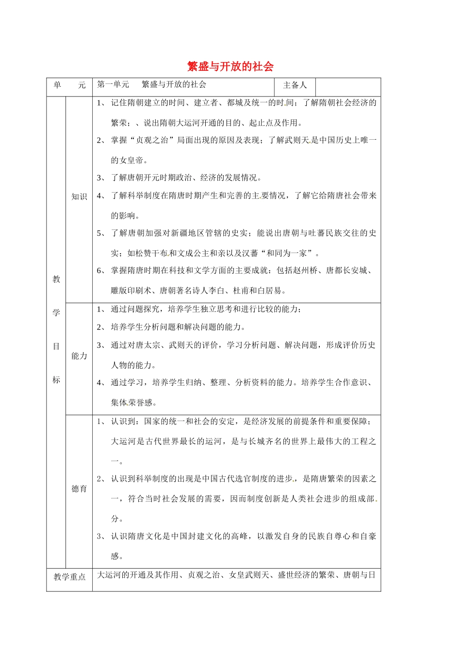 吉林省通化市七年级历史下册 第一单元 繁盛与开放的社会导学案 鲁教版-鲁教版初中七年级下册历史学案_第1页