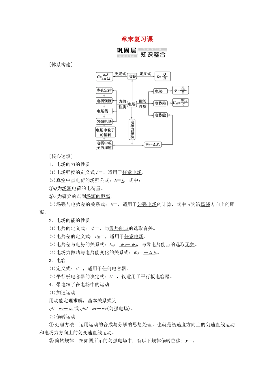 高中物理 第1章 章末复习课学案 新人教版选修3-1-新人教版高二选修3-1物理学案_第1页