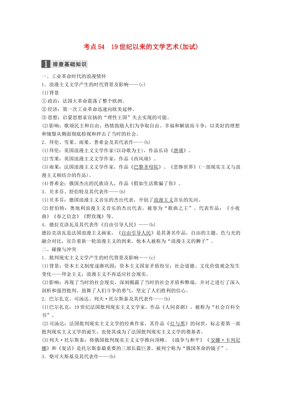 （浙江选考）高考历史一轮总复习 专题二十 近代以来的中外科技与文学艺术 考点54 19世纪以来的文学艺术（加试）学案-人教版高三全册历史学案_第1页