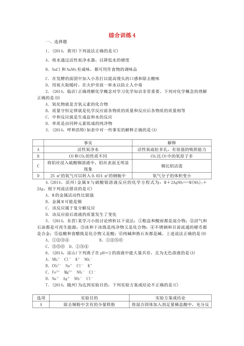 【聚焦中考】陕西省2015中考化学总复习 综合训练4_第1页