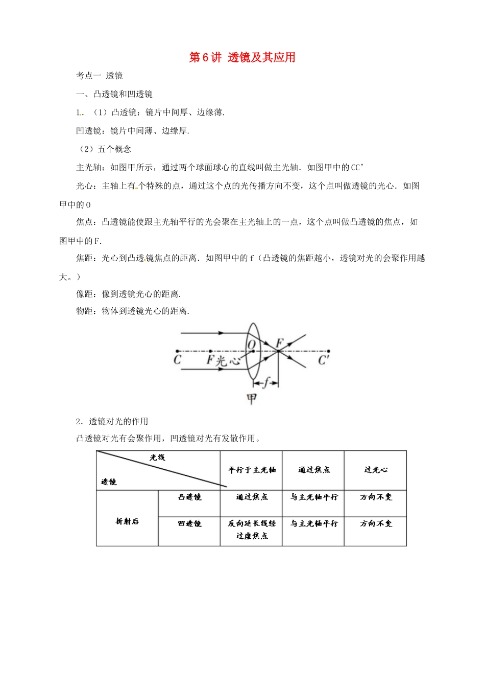 中考物理一轮复习 第6讲 透镜及其应用导学案-人教版初中九年级全册物理学案_第1页