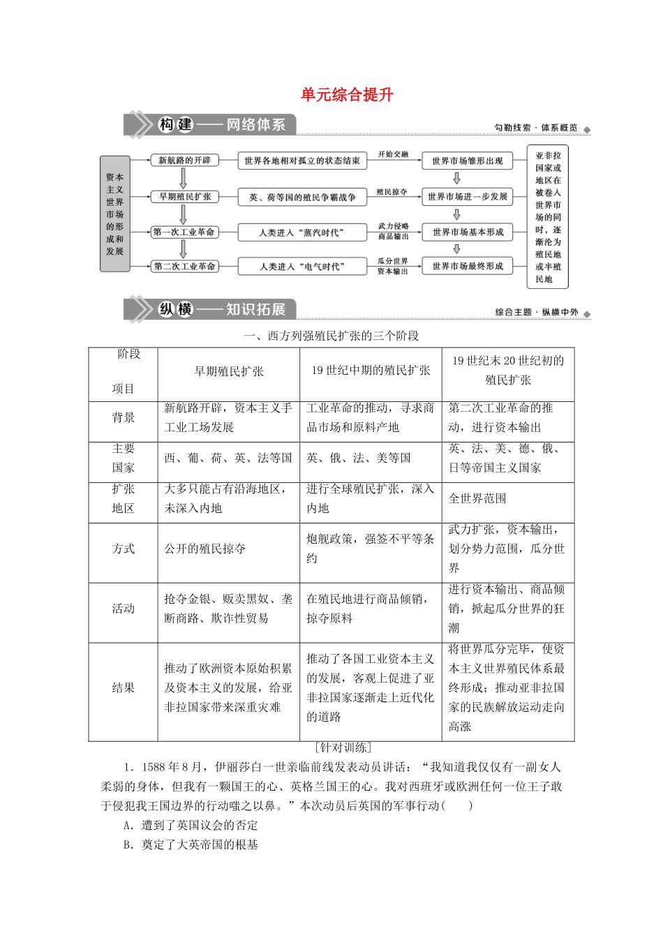 （选考）新高考历史一轮复习 第九单元 资本主义世界市场的形成和发展单元综合提升学案 新人教版-新人教版高三全册历史学案_第1页
