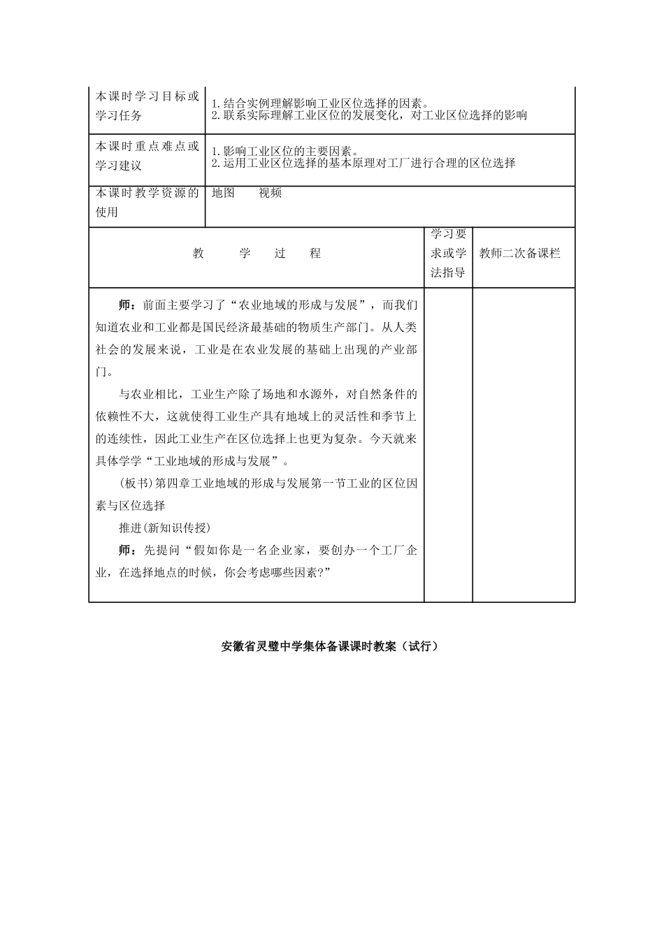 安徽省灵璧中学高一地理 工业的区位选择导学案_第1页