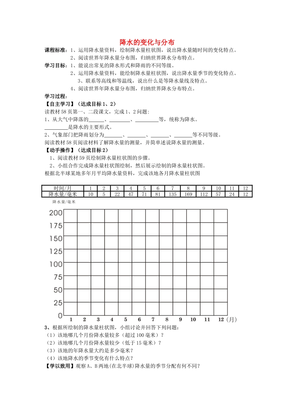 2015年河南省七年级地理上册 3.3 降水的变化与分布导学案（无答案）（新版）新人教版_第1页