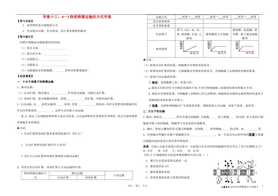 高中生物 物质跨膜运输的方式学案 新人教版必修1_第1页