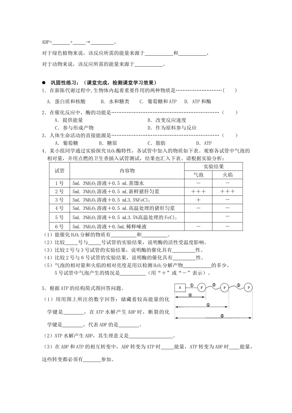 高中生物 第一册 第4章 生命的物质变化和能量转换 4.1 生物体内的化学反应学案（1）沪科版-沪科版高一第一册生物学案_第3页