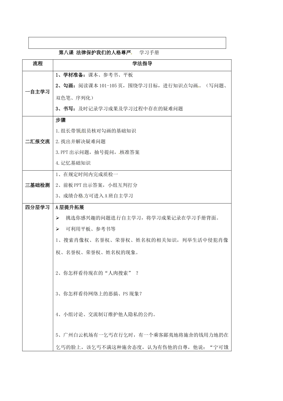 河北省石家庄八年级政治上册 第四单元 我们依法有人身权，财产权、消费权 第8课 伴我们一生的权利 第2框 法律保护我们的人格尊严学案 鲁教版-鲁教版初中八年级上册政治学案_第2页